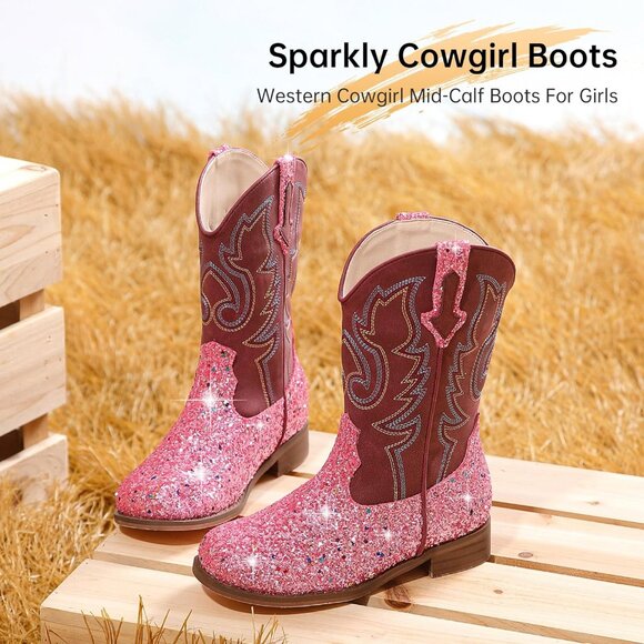 Kids Pink Sequins Boots Glitter Toddler Little Big Mid Calf Western Riding Shoes - Picture 4 of 7